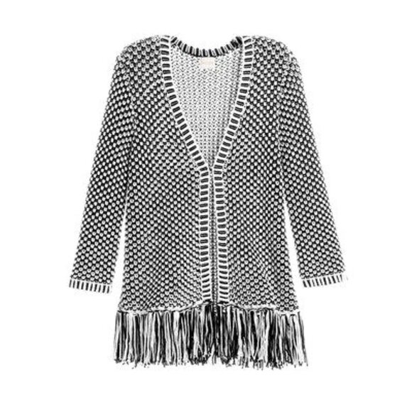 Chicos Black White Fringed Open Front Knit Cardigan Sweater 3/4 Sleeves Size 1 - Picture 12 of 13